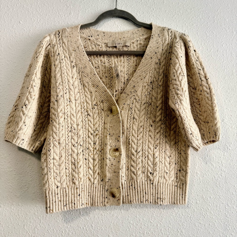 LOFT Flecked Stitchy Puff Sleeve Cotton Blend Cardigan Size Medium NWT - Picture 2 of 8